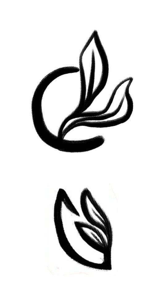 Two hand-drawn Insightful Counseling sketches in black marker: a thick C wrapped around a tall leaf and two side leaves, and a small leaf pair inside a round frame